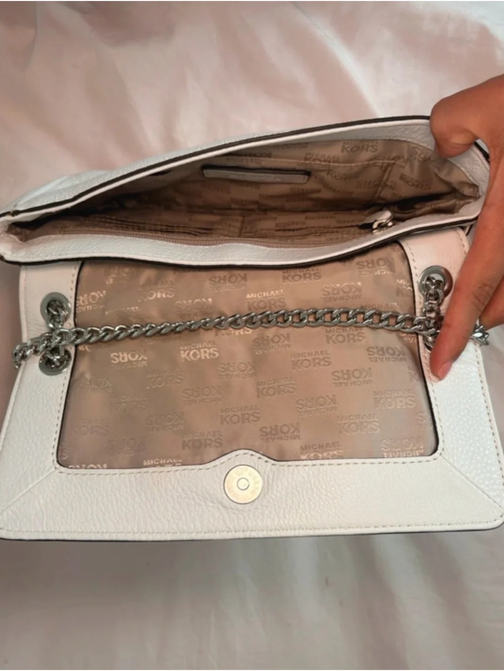 Michael Kors Small White Pebbled Shoulder Bag Silver Chain Strap